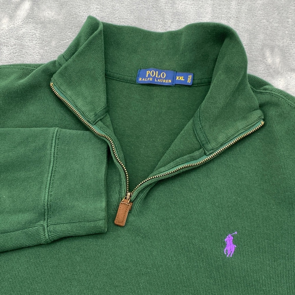 Polo Ralph Lauren Mens XXL Green 1/4 Zip Pullover Purple Pony Cotton Sweater
